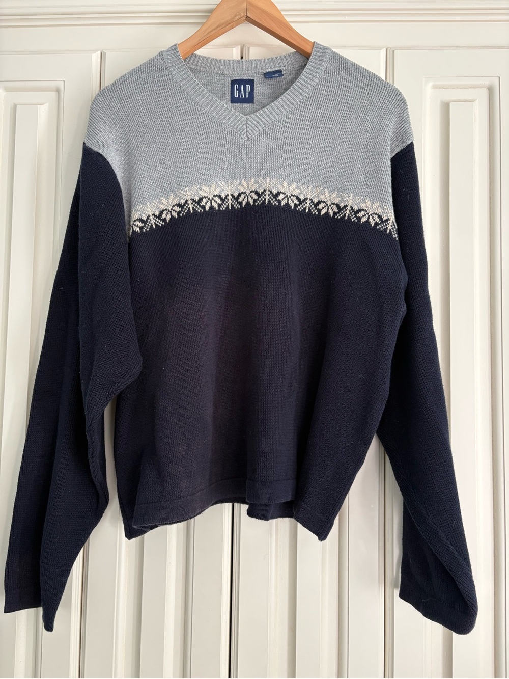 Vintage GAP 100% Cotton V Neck Fair Isle Sweater Size Large Cozy Knit Preppy